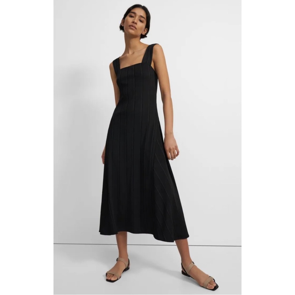 THEORY | $295 Barclay Ribbed Stretch Knit Paneled Midi Dress, Black, Size Medium